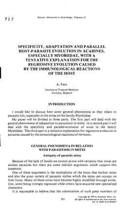 SPECIFICITY, ADAPTATION and PARALLEL HOST-PARASITE EVOLUTION in ACARINES, Especially MYOBIIDAE, with a TENTATIVE EXPLANATION