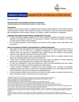 Legislative Testimony Assembly Bill 394: Reconfiguration of School Districts