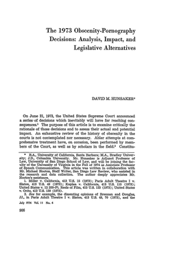 The 1973 Obscenity-Pornography Decisions: Analysis, Impact, and Legislative Alternatives