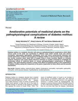 Ameliorative Potentials of Medicinal Plants on the Pathophysiological Complications of Diabetes Mellitus: a Review