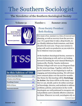 The Southern Sociologist the Newsletter of the Southern Sociological Society