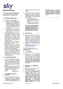 Sky Advertising TV Commercial Material Deadlines & Approval