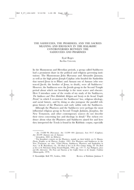 The Sadducees, the Pharisees, and the Sacred: Meaning and Ideology in the Halakhic Controversies Between the Sadducees and Pharisees