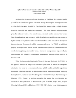 Syllabic-Consonant Formation in Traditional New Mexico Spanish* Carlos-Eduardo Piñeros University of Iowa