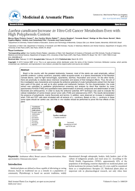 Luehea Candicans Increase in Vitro Cell Cancer Metabolism Even With