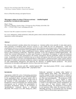 Microspore Culture in Wheat (Triticum Aestivum) — Doubled Haploid Production Via Induced Embryogenesis