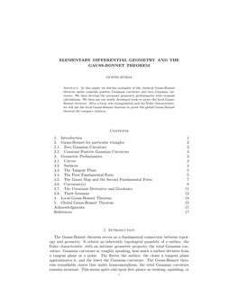 Elementary Differential Geometry and the Gauss-Bonnet Theorem