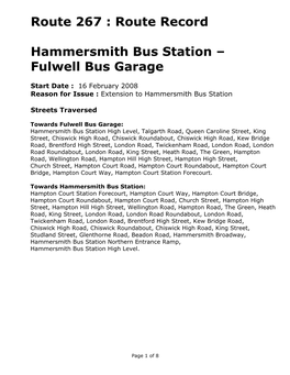 Route Record Hammersmith Bus Station – Fulwell Bus Garage