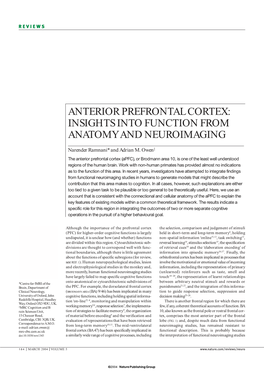 Anterior Prefrontal Cortex: Insights Into Function from Anatomy and Neuroimaging