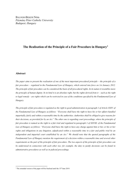 The Realisation of the Principle of a Fair Procedure in Hungary1