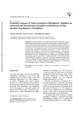 Predation Response of Nabis Pseudoferus (Hemiptera: Nabidae) on Untreated and Metarhizium Anisopliae-Treated Larvae of Tuta Absoluta (Lepidoptera: Gelechidae)