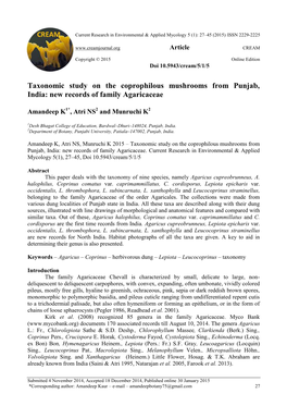 Taxonomic Study on the Coprophilous Mushrooms from Punjab, India: New Records of Family Agaricaceae