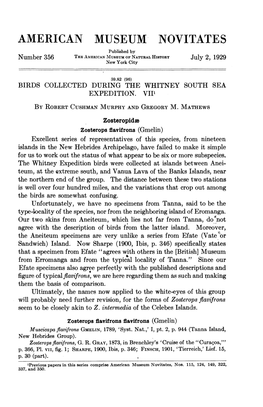 AMERICAN MUSEUM NOVITATES Published by Number 356 the Amierican Museum of NATURAL HISTORY July 2, 1929 New York City