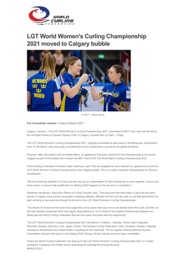 LGT World Women's Curling Championship 2021 Moved to Calgary Bubble