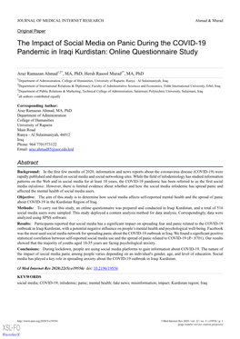 The Impact of Social Media on Panic During the COVID-19 Pandemic in Iraqi Kurdistan: Online Questionnaire Study