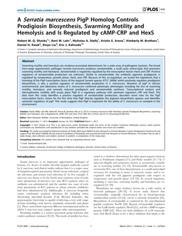 A Serratia Marcescens Pigp Homolog Controls Prodigiosin Biosynthesis, Swarming Motility and Hemolysis and Is Regulated by Camp-CRP and Hexs