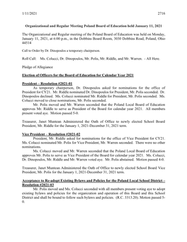 Organizational and Regular Meeting Poland Board of Education Held January 11, 2021