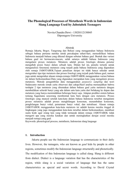 The Phonological Processes of Metathesis Words in Indonesian Slang Language Used by Jabotabek Teenagers