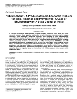“Child Labour”- a Product of Socio-Economic Problem for India, Findings and Preventives- a Case of Bhubabaneswar (A State Capital of India)