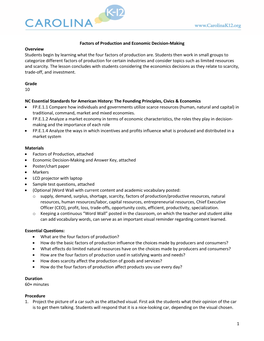 Factors of Production and Economic Decision-Making Overview Students Begin by Learning What the Four Factors of Production Are
