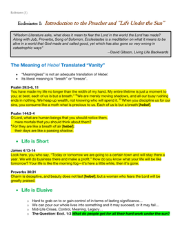 Ecclesiastes 1: Introduction to the Preacher and “Life Under the Sun”