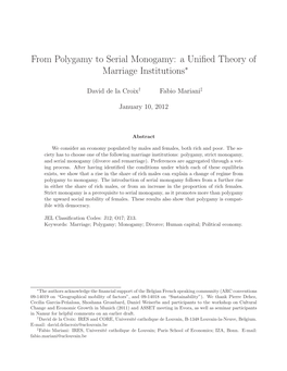 From Polygamy to Serial Monogamy: a Unified Theory of Marriage