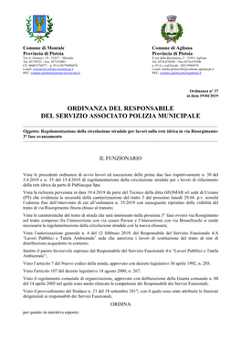 Ordinanza Del Responsabile Del Servizio Associato Polizia Municipale