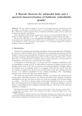 A Borsuk Theorem for Antipodal Links and a Spectral Characterization of Linklessly Embeddable Graphs1 L´Aszl´O Lov´Asz2 and Alexander Schrijver3