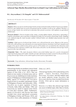 Arboreal Tiger Beetles Recorded from Lowland Crop Cultivations in Sri Lanka