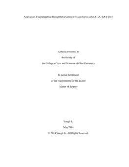 Analysis of Cyclodipeptide Biosynthetic Genes in Nocardiopsis Alba ATCC BAA-2165