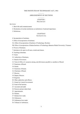 The Institutes of Technology Act, 1961 ______Arrangement of Sections ______Chapter I Preliminary Sections 1