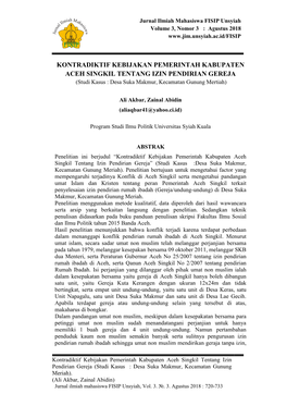 KONTRADIKTIF KEBIJAKAN PEMERINTAH KABUPATEN ACEH SINGKIL TENTANG IZIN PENDIRIAN GEREJA (Studi Kasus : Desa Suka Makmur, Kecamatan Gunung Mertiah)