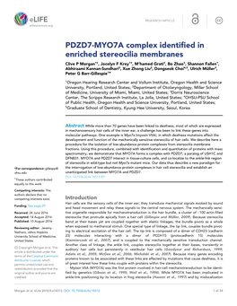 PDZD7-MYO7A Complex Identified in Enriched Stereocilia Membranes