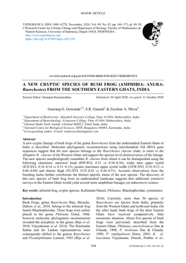 A NEW CRYPTIC SPECIES of BUSH FROG (AMPHIBIA: ANURA: Raorchestes) from the SOUTHERN EASTERN GHATS, INDIA