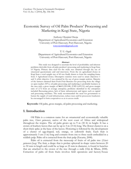 Economic Survey of Oil Palm Products' Processing and Marketing in Kogi State, Nigeria