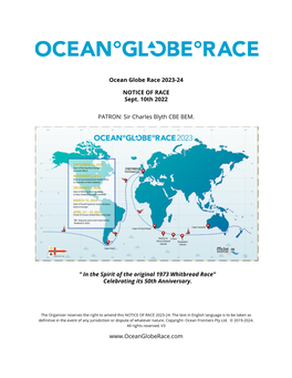 Ocean Globe Race 2023-24 NOTICE of RACE Sept. 10Th 2022 PATRON