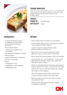 Ingredients Croque Monsieur Serves Cooks in Difficulty Easy Method