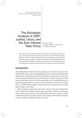 The Scholastic Analysis of ZIRP: Justice, Usury, and the Zero Interest Joseph A