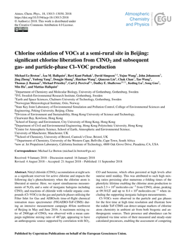 Chlorine Oxidation of Vocs at a Semi-Rural Site in Beijing: Signiﬁcant Chlorine Liberation from Clno2 and Subsequent Gas- and Particle-Phase Cl–VOC Production