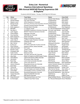 Entry List - Numerical Daytona International Speedway 38Th Annual NASCAR Racing Experience 300 at Daytona