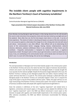 The Invisible Client: People with Cognitive Impairments in the Northern Territory's Court of Summary Jurisdiction