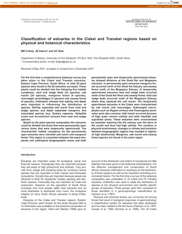 Classification of Estuaries in the Ciskei and Transkei Regions Based on Physical and Botanical Characteristics