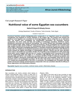 Nutritional Value of Some Egyptian Sea Cucumbers