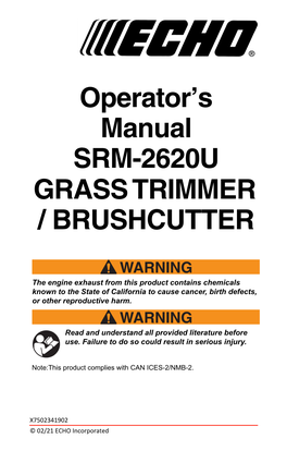 Operator's Manual SRM-2620U GRASS TRIMMER