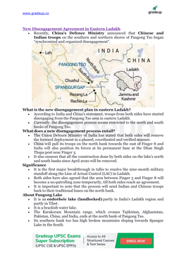 New Disengagement Agreement in Eastern Ladakh • Recently, China's