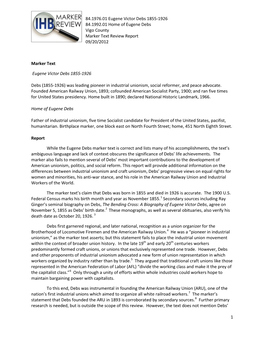 84.1976.01 Eugene Victor Debs 1855-1926 84.1992.01 Home of Eugene Debs Vigo County Marker Text Review Report 09/20/2012