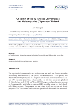 Diptera) of Finland 319 Doi: 10.3897/Zookeys.441.7507 CHECKLIST Launched to Accelerate Biodiversity Research