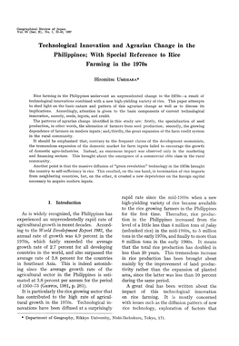 Technological Innovation and Agrarian Change in the Philippines; with Special Reference to Rice Farming in the 1970S