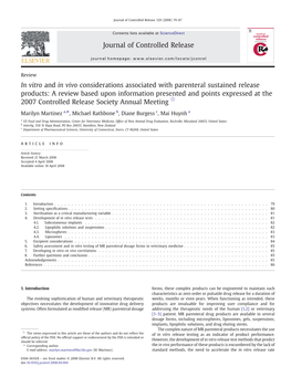 In Vitro and in Vivo Considerations Associated with Parenteral Sustained Release Products