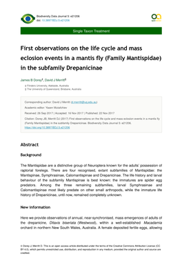 First Observations on the Life Cycle and Mass Eclosion Events in a Mantis Fly (Family Mantispidae) in the Subfamily Drepanicinae